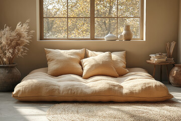 cozy minimalist bedroom featuring large, soft, neutral colored floor cushion with multiple pillows, surrounded by natural decor and warm sunlight streaming through window