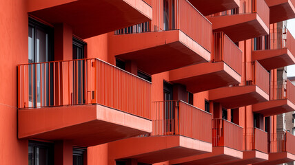 Fototapeta premium row of identical urban balconies showcases vibrant red architecture, creating striking visual pattern. design emphasizes modern living in bold color scheme