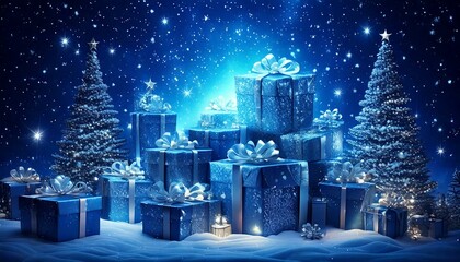 Merry Christmas greetings with blue presents among snowfall 