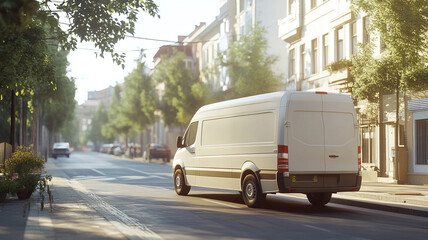Fototapeta premium A white delivery van driving on the street in a city
