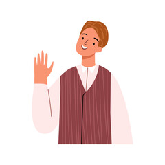 Cheerful young man in shirt meet greet waving hand as notices someone isolated flat cartoon character. Vector illustration of happy person with hand up gesture, student going to answer