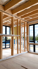 A bright interior space under construction, showcasing wooden framing and large windows, with a view of the outdoors.