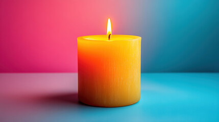 vibrant yellow candle emits warm glow against colorful background, creating calming atmosphere. Perfect for relaxation and ambiance