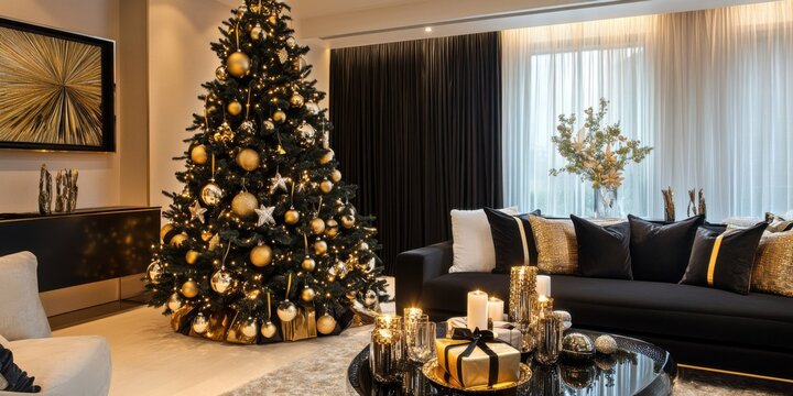 Elegant black and gold themed Christmas tree in a chic, contemporary living space