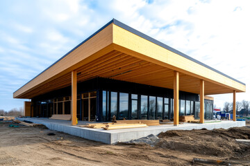 Obraz premium A modern, minimalist building with a wooden roof and large glass windows, situated on a construction site with a clear sky above.