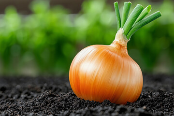 golden onion glowing against dark rich soil, showcasing its vibrant color and fresh green shoots. This captures essence of healthy produce in natural setting