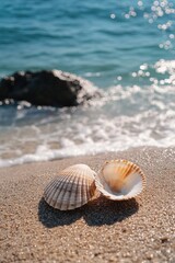 Two seashells lying on a sandy beach, near the ocean