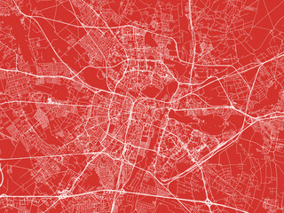 Christmas Map of Poznan, Poland in Snowy White on Festive Red Background.