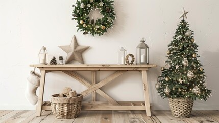 Obraz premium A freestanding console table in light wood with star-shaped decoration, lanterns