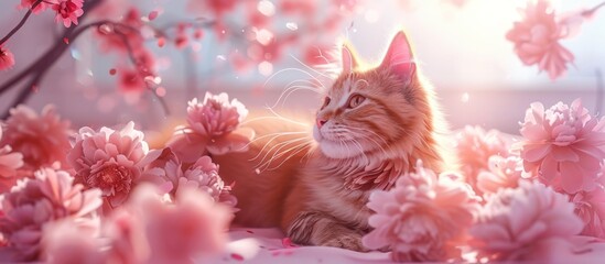 Enchanting Feline Amidst Blooming Spring Blossoms in Dreamy Serenity   A captivating portrait of a cat nestled among a vibrant sea of pink flowers basking in the warm soft light of a peaceful