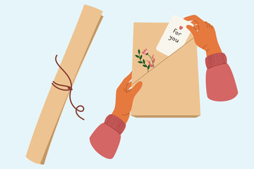 Hands wrap a holiday gift, gift in hands, wrapping a Christmas gift box, Christmas, New Year or birthday celebration concept. Flat vector illustration isolated.