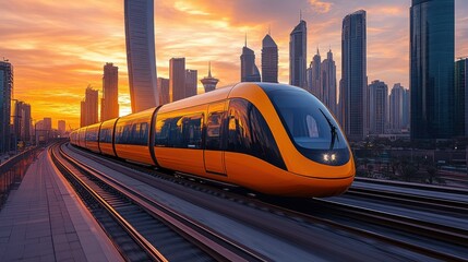 Naklejka premium Modern orange train speeding through a futuristic city at sunset.