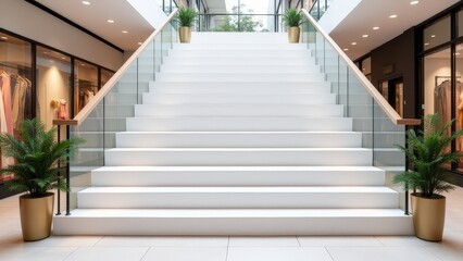 Fototapeta premium A bright shopping mall staircase with blank wraps for branding designs