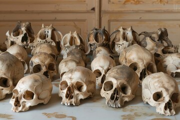 A collection of skulls arranged on a table
