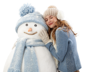 Happy young woman enjoying embracing a snowman dressed in warm winter clothing, hat and scarf knitted. Ski trip during the Christmas holidays in winter season. Cooling and Heating temperatures concept