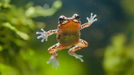 Close-up macro photo of a small, green, tropical tree frog sitting on a white leaf, isolated against a nature background