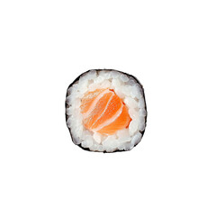 one piece maki sushi with salmon, top View, delicious-looking maki sushi on a transparent background. 