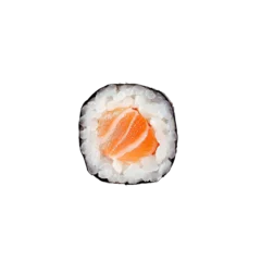 one piece maki sushi with salmon, top View, delicious-looking maki sushi on a transparent background. 