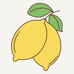 Two yellow lemons with green leaves, illustrated in a simple and playful style.