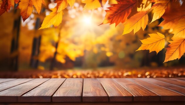  A serene autumn scene features a wooden table amidst vibrant leaves, ideal for capturin_1(514)