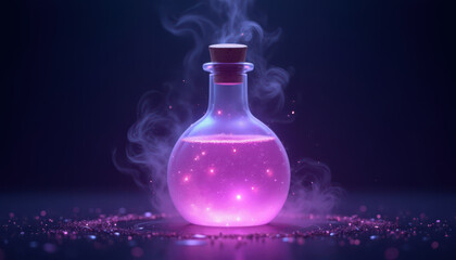 Magic potion in glass flask with billowing smoke and glowing particles