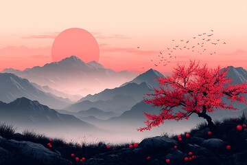 Ink wash painting with red sun and mountains in fog. Panoramic landscape in traditional oriental ink painting sumi-e, u-sin, go-hua style. Translation of hieroglyph - eternity.