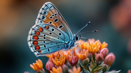 Obraz premium A vibrant blue butterfly with orange and black markings perches on a cluster of small orange flowers with green leaves in a blurred green and brown background.