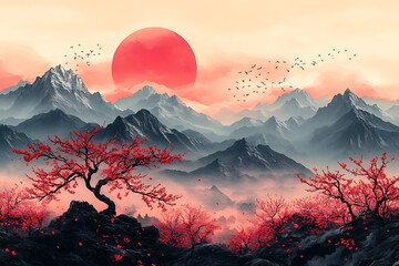 Ink wash painting with red sun and mountains in fog. Panoramic landscape in traditional oriental ink painting sumi-e, u-sin, go-hua style. Translation of hieroglyph - eternity.