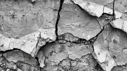 A black and white image of a cracked concrete wall with rough texture