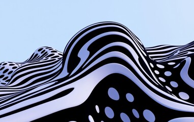 Obraz premium A vibrant abstract landscape featuring waves of black and white patterns against a soft blue sky.