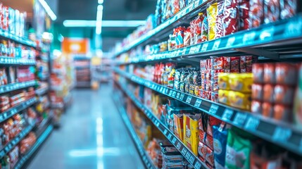 Fototapeta premium Supermarket aisle with colorful packaged products