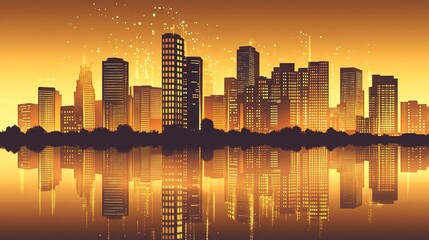 Dusk Skyline View with Glowing Windows Reflecting on Water