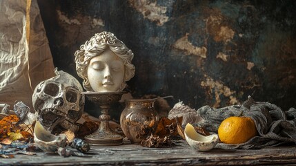 Vintage still life with bust, skull, and antique decor