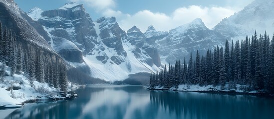 Naklejka premium Serene winter landscape snow-capped mountains reflected in a pristine lake, surrounded by snow-covered evergreen trees.