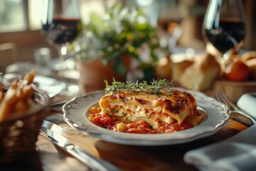 A warm plate of lasagna served with a glass of wine on a table, perfect for a cozy dinner or special occasion