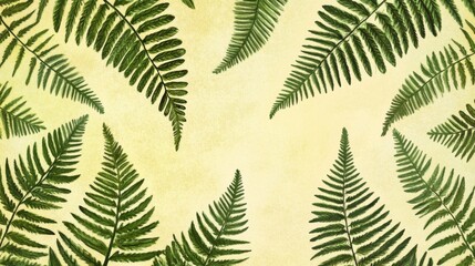 Green Fern Leaves on Vintage Paper Background