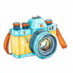 A retro film camera with a leather strap clipart, cartoon drawing style, bold outlines, isolated on white background