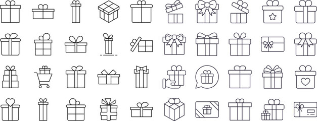 Gift and Present Outline Simple Linear Image Collection. Editable Stroke. Suitable for Web Sites, Books, Cards, Apps