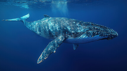 Naklejka premium Majestic Humpback Whale Swimming in the Vast Blue Ocean