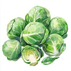 Fototapeta premium Fresh watercolor Brussels sprouts illustration on white background.