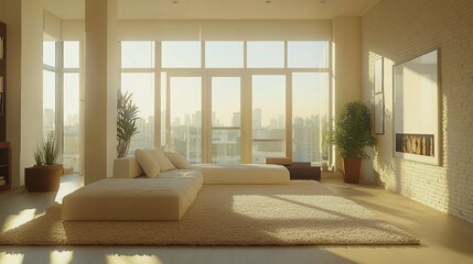 Fototapeta premium Minimalist, loft interior design of modern cozy living room with boucle furniture, soft beige tones, and floor-to-ceiling windows, creating a modern aesthetic.