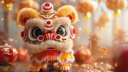 Fototapeta premium Vibrant of Chinese New Year with festive red lanterns dragon costumes and other iconic symbols of prosperity and luck