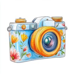 A vintage camera with a floral pattern on its body clipart, cartoon drawing style, creative design, isolated on white background