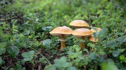 Golden mushrooms cluster in lush green foliage