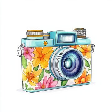 A vintage camera with a floral pattern on its body clipart, cartoon drawing style, creative design, isolated on white background