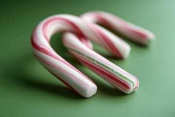 Naklejka premium Two candy canes placed on a green surface, perfect for holiday or festive themes