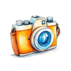 A vintage pocket camera with a leather pouch clipart, cartoon drawing style, small and detailed, isolated on white background