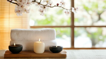 interior design zen accents concept, A serene spa setting featuring candles, soft towels, and a cherry blossom branch, promoting relaxation and tranquility.