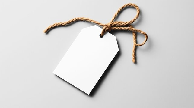 Blank white price tag with brown string arranged in a bow on a light gray background, casting a soft shadow.