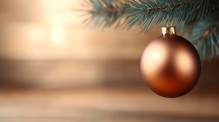 Bronze Christmas bauble hanging on a fir tree branch against a blurred wooden background.
